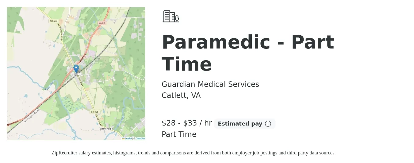 Guardian Medical Services job posting for a Paramedic - Part Time in Catlett, VA with a salary of $30 to $35 Hourly with a map of Catlett location.