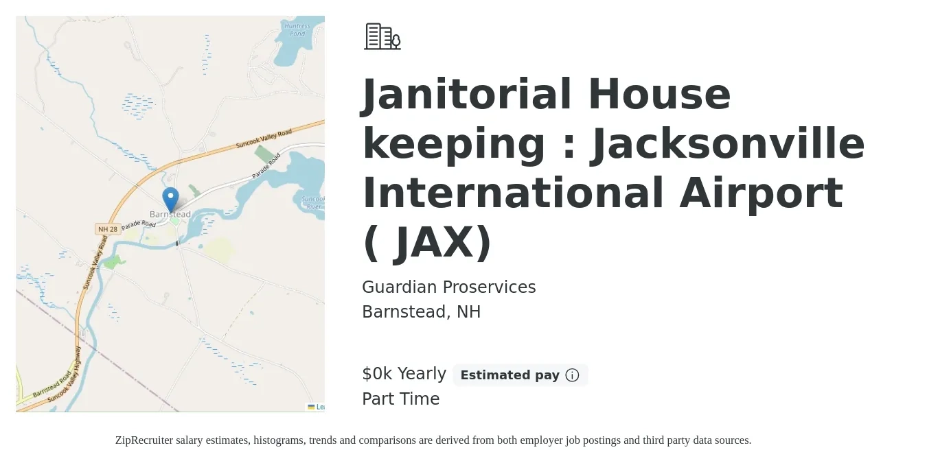 Guardian Proservices job posting for a Janitorial Housekeeping : Jacksonville International Airport ( JAX) in Barnstead, NH with a salary of $13 to $15 Yearly with a map of Barnstead location.