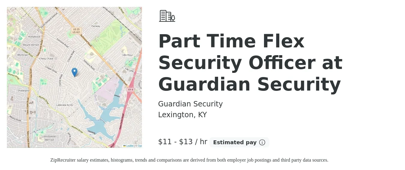 Guardian Security job posting for a Part Time Flex Security Officer at Guardian Security in Lexington, KY with a salary of $12 to $14 Hourly with a map of Lexington location.