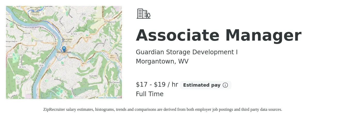 Guardian Storage Development I job posting for a Associate Manager in Morgantown, WV with a salary of $18 to $20 Hourly with a map of Morgantown location.