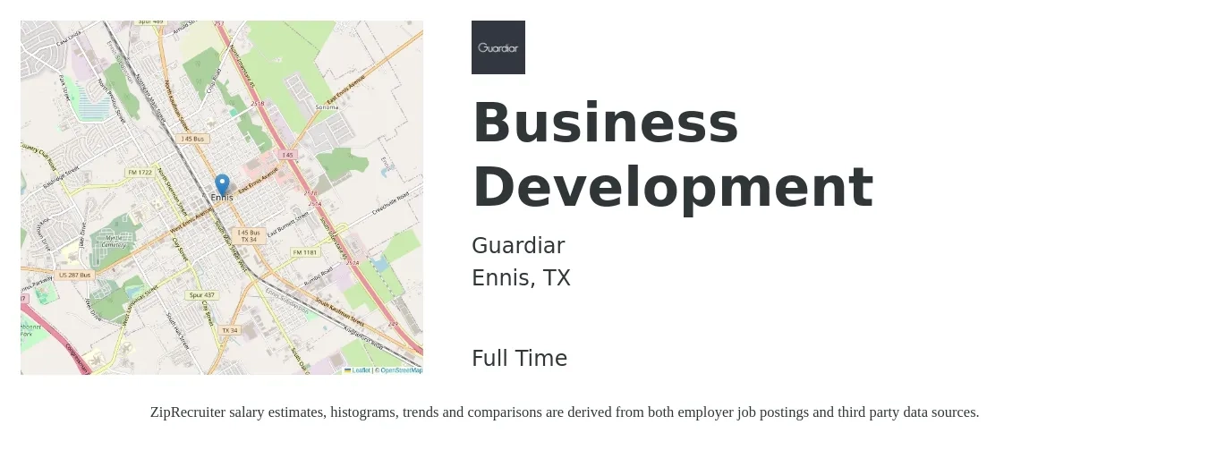 Guardiar job posting for a Business Development in Ennis, TX with a salary of $56,300 to $92,400 Yearly with a map of Ennis location.