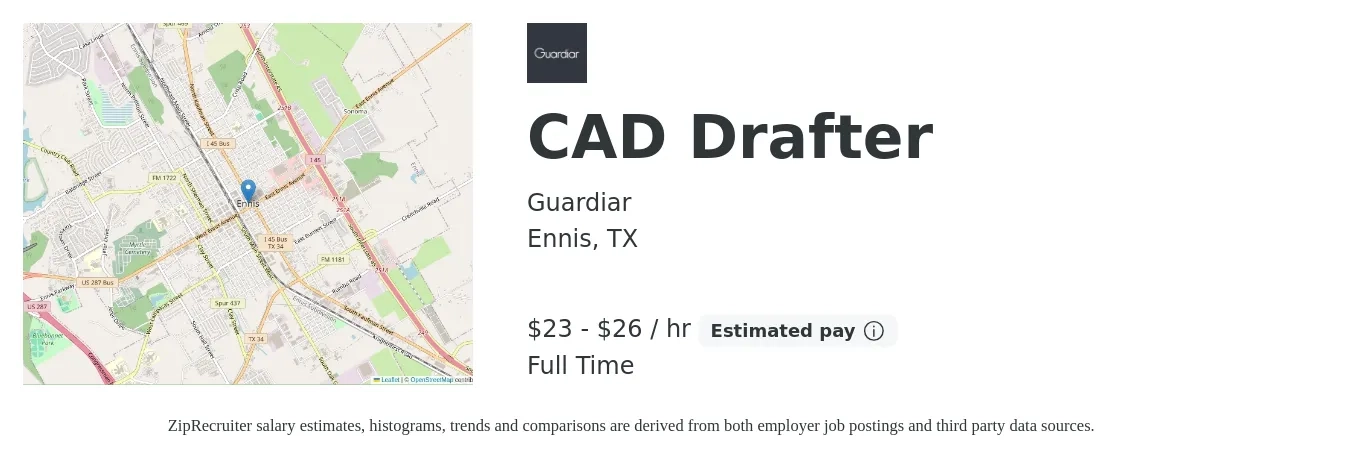 Guardiar job posting for a CAD Drafter in Ennis, TX with a salary of $24 to $28 Hourly with a map of Ennis location.