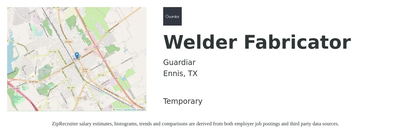 Guardiar job posting for a Welder Fabricator in Ennis, TX with a salary of $18 to $24 Hourly with a map of Ennis location.