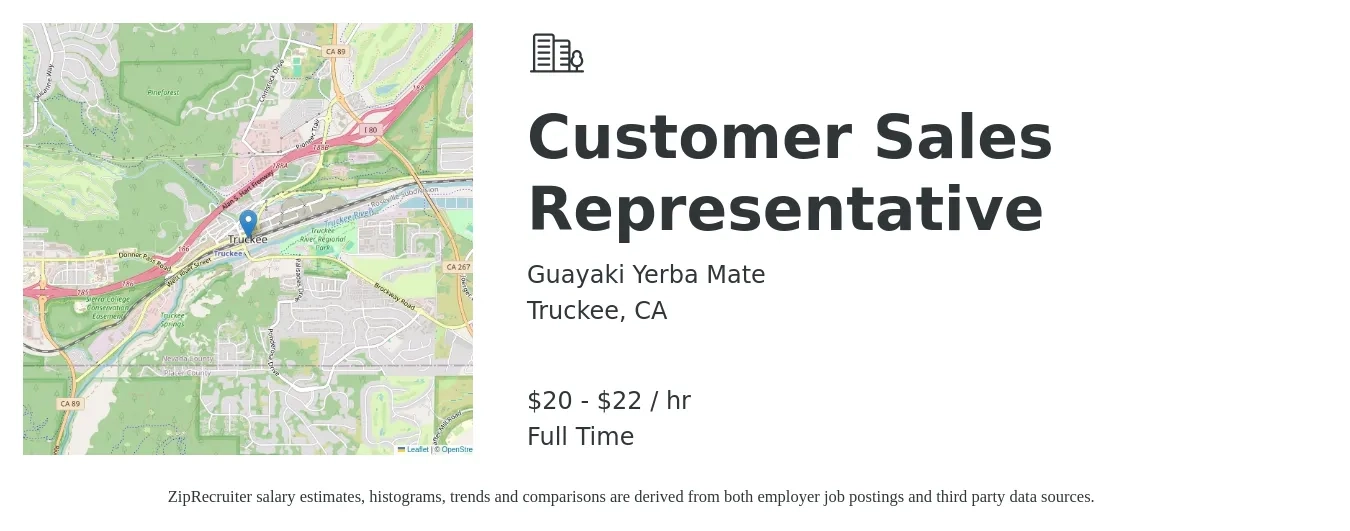 Guayaki Yerba Mate job posting for a Customer Sales Representative in Truckee, CA with a salary of $22 to $24 Hourly with a map of Truckee location.