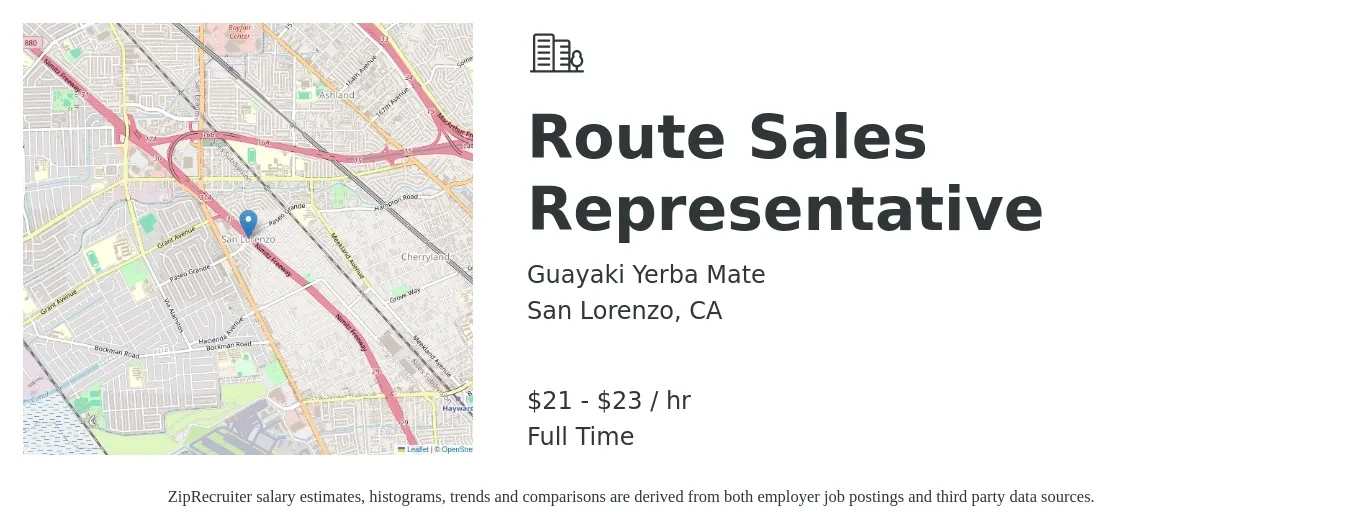 Guayaki Yerba Mate job posting for a Route Sales Representative in San Lorenzo, CA with a salary of $22 to $24 Hourly with a map of San Lorenzo location.