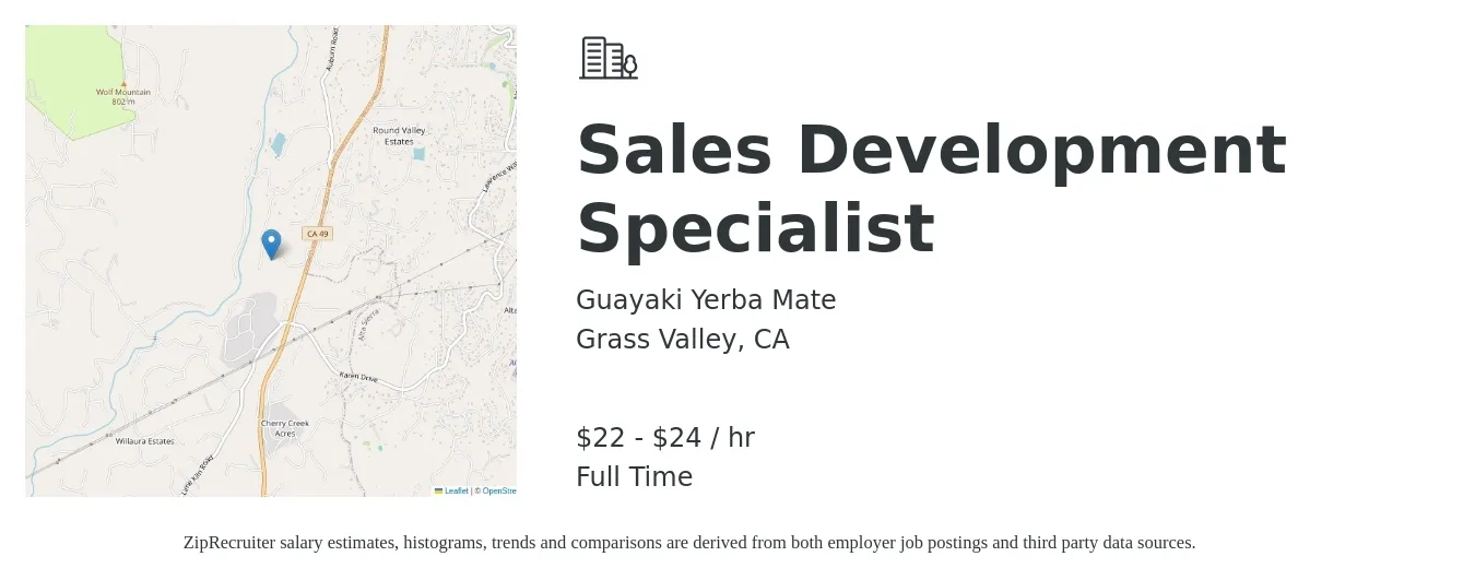 Guayaki Yerba Mate job posting for a Sales Development Specialist in Grass Valley, CA with a salary of $24 to $26 Hourly with a map of Grass Valley location.