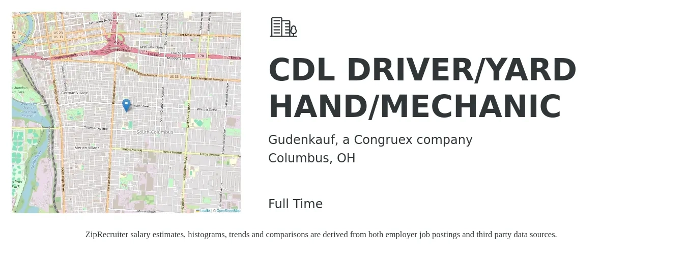 Gudenkauf, a Congruex company job posting for a CDL DRIVER/YARD HAND/MECHANIC in Columbus, OH with a salary of $19 to $26 Hourly with a map of Columbus location.