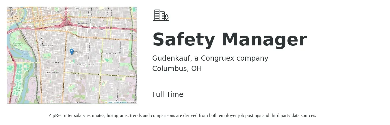 Gudenkauf, a Congruex company job posting for a Safety Manager in Columbus, OH with a salary of $70,000 to $80,000 Yearly with a map of Columbus location.