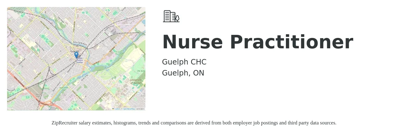 Guelph CHC job posting for a Nurse Practitioner in Guelph, ON with a salary of $61 to $70 Hourly with a map of Guelph location.