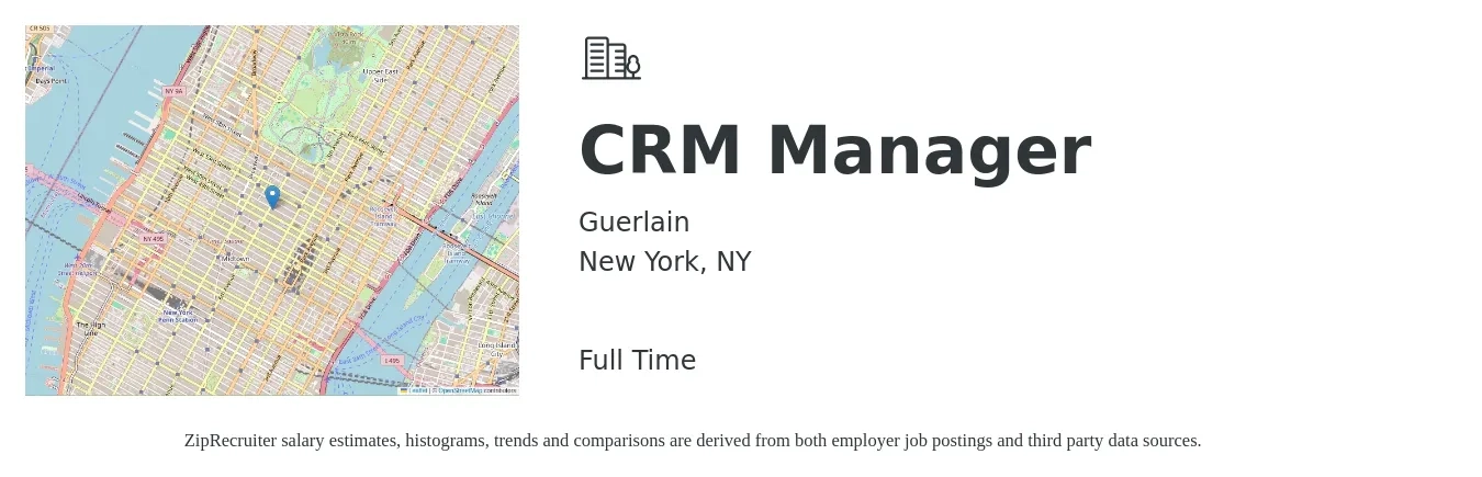 Guerlain job posting for a CRM Manager in New York, NY with a salary of $100 Hourly with a map of New York location.