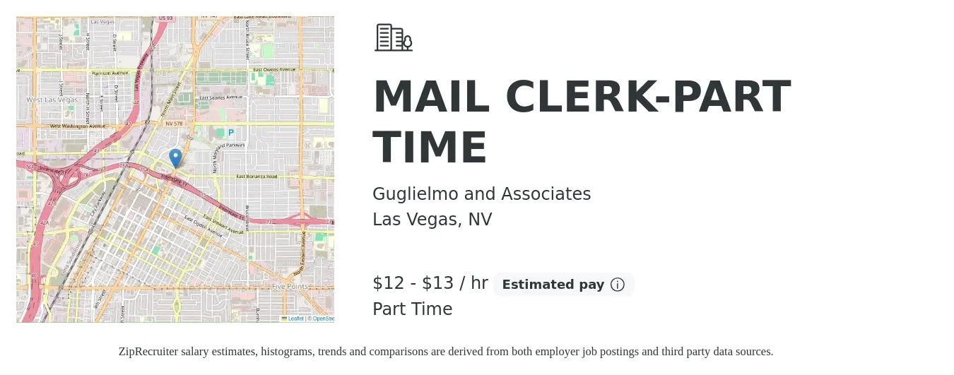 Guglielmo and Associates job posting for a MAIL CLERK-PART TIME in Las Vegas, NV with a salary of $13 to $14 Hourly with a map of Las Vegas location.