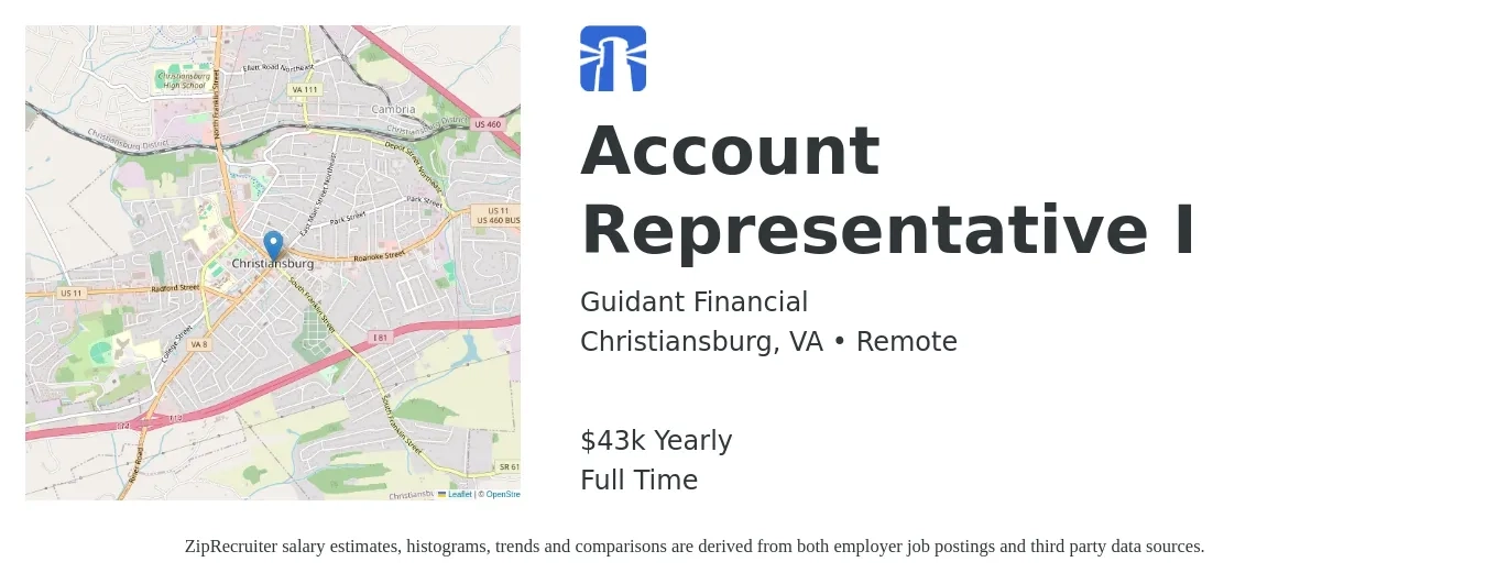 Guidant Financial job posting for a Account Representative I in Christiansburg, VA with a salary of $43,680 Yearly with a map of Christiansburg location.