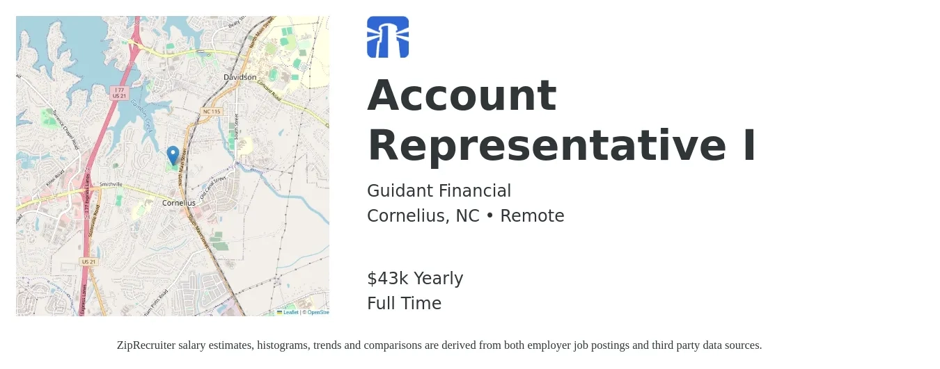 Guidant Financial job posting for a Account Representative I in Cornelius, NC with a salary of $41,600 Yearly with a map of Cornelius location.