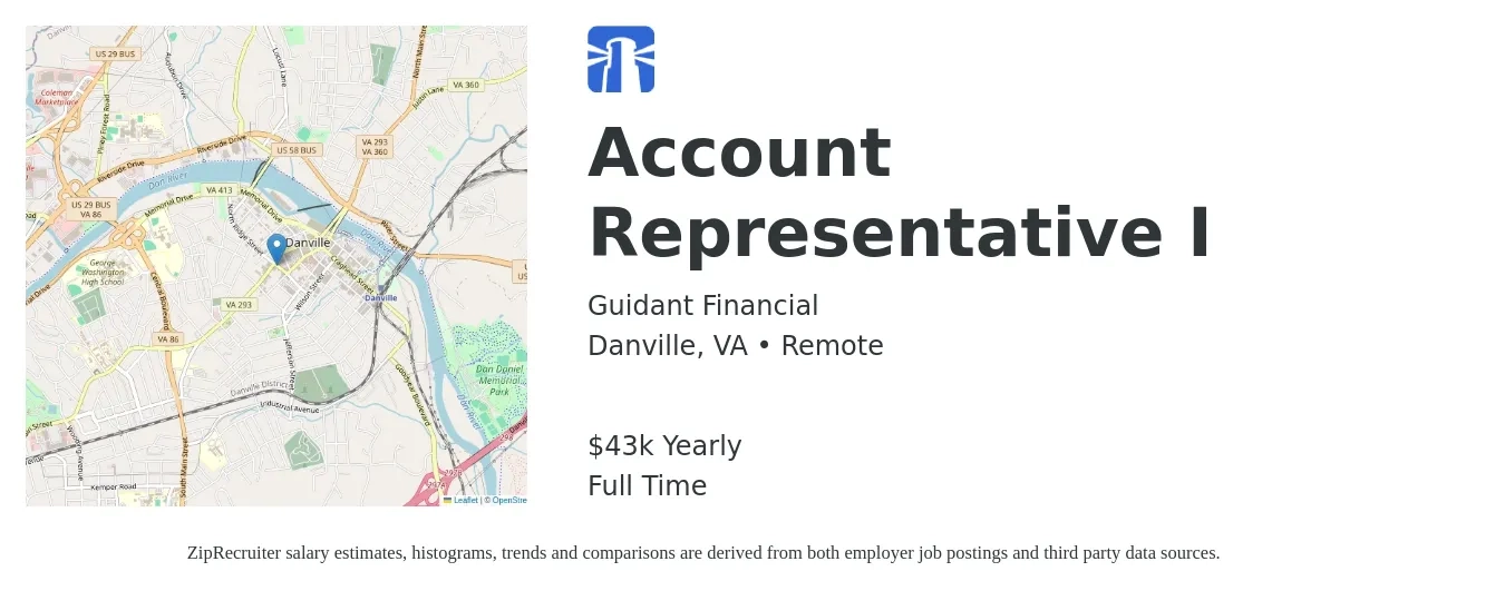 Guidant Financial job posting for a Account Representative I in Danville, VA with a salary of $41,600 Yearly with a map of Danville location.