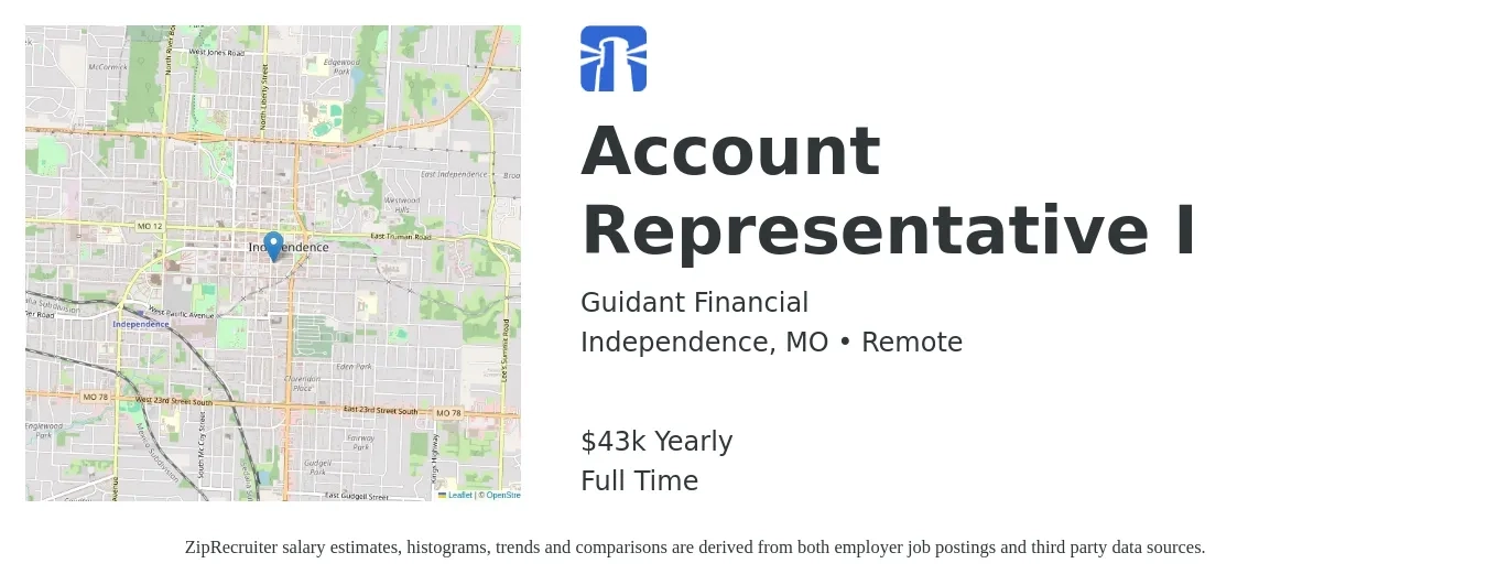 Guidant Financial job posting for a Account Representative I in Independence, MO with a salary of $43,680 Yearly with a map of Independence location.