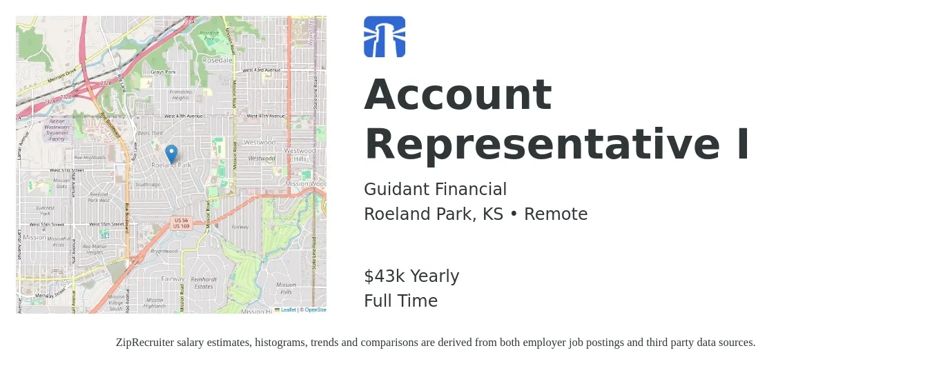 Guidant Financial job posting for a Account Representative I in Roeland Park, KS with a salary of $43,680 Yearly with a map of Roeland Park location.