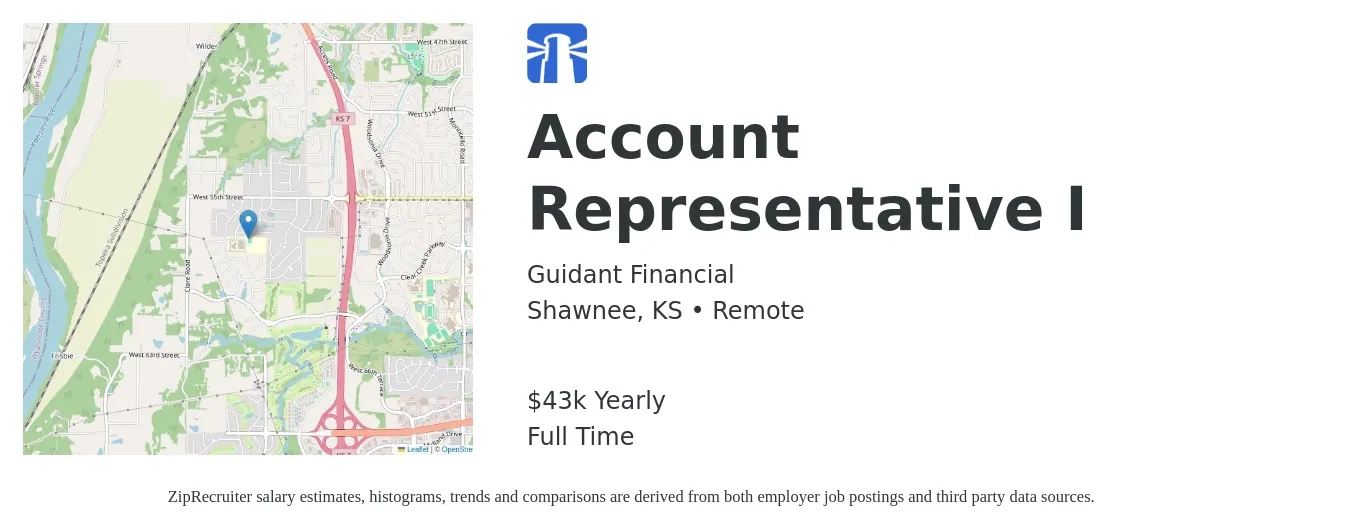 Guidant Financial job posting for a Account Representative I in Shawnee, KS with a salary of $43,680 Yearly with a map of Shawnee location.