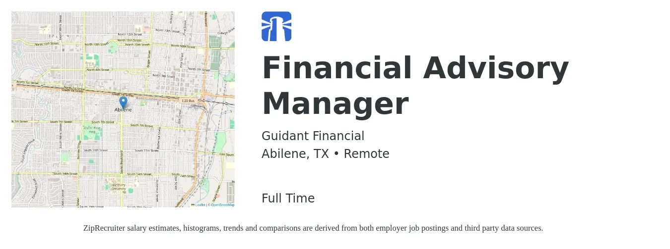 Guidant Financial job posting for a Financial Advisory Manager in Abilene, TX with a salary of $110,000 to $120,000 Yearly with a map of Abilene location.