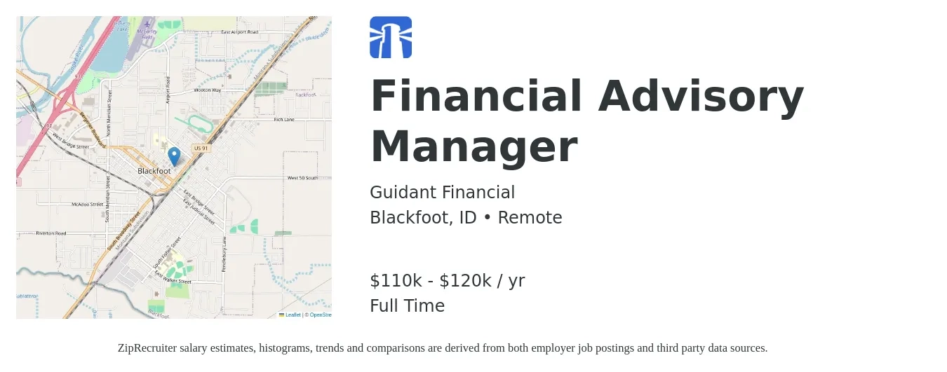 Guidant Financial job posting for a Financial Advisory Manager in Blackfoot, ID with a salary of $110,000 to $120,000 Yearly with a map of Blackfoot location.