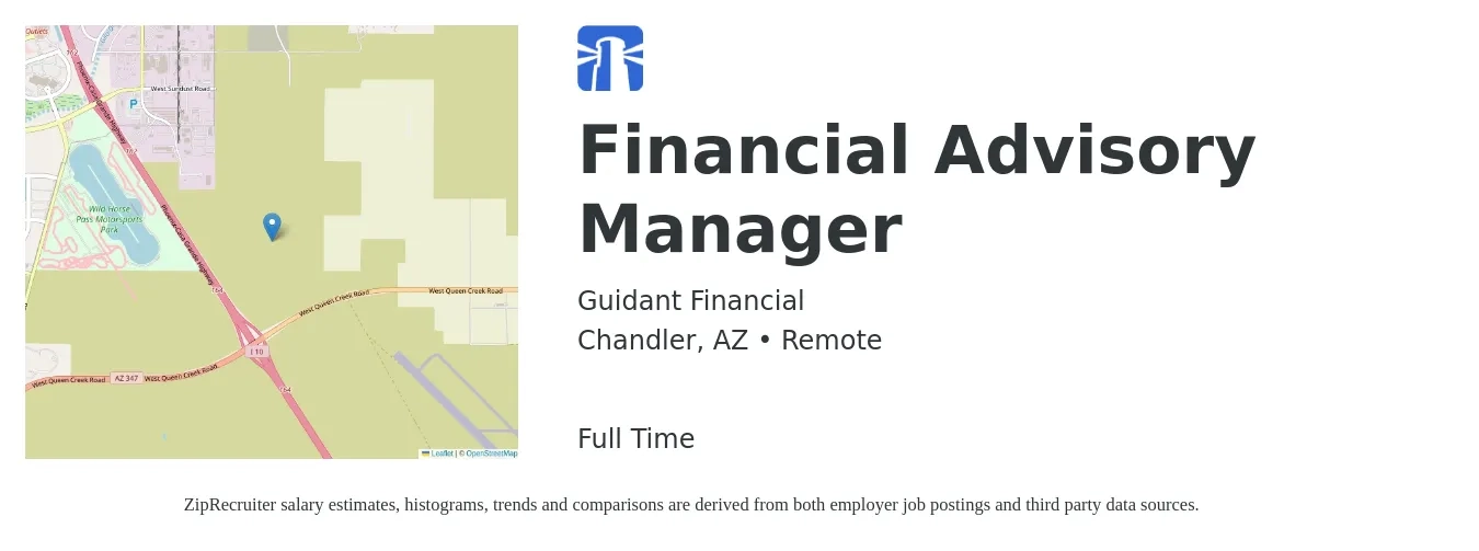 Guidant Financial job posting for a Financial Advisory Manager in Chandler, AZ with a salary of $110,000 to $120,000 Yearly with a map of Chandler location.