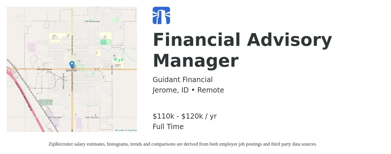 Guidant Financial job posting for a Financial Advisory Manager in Jerome, ID with a salary of $110,000 to $120,000 Yearly with a map of Jerome location.