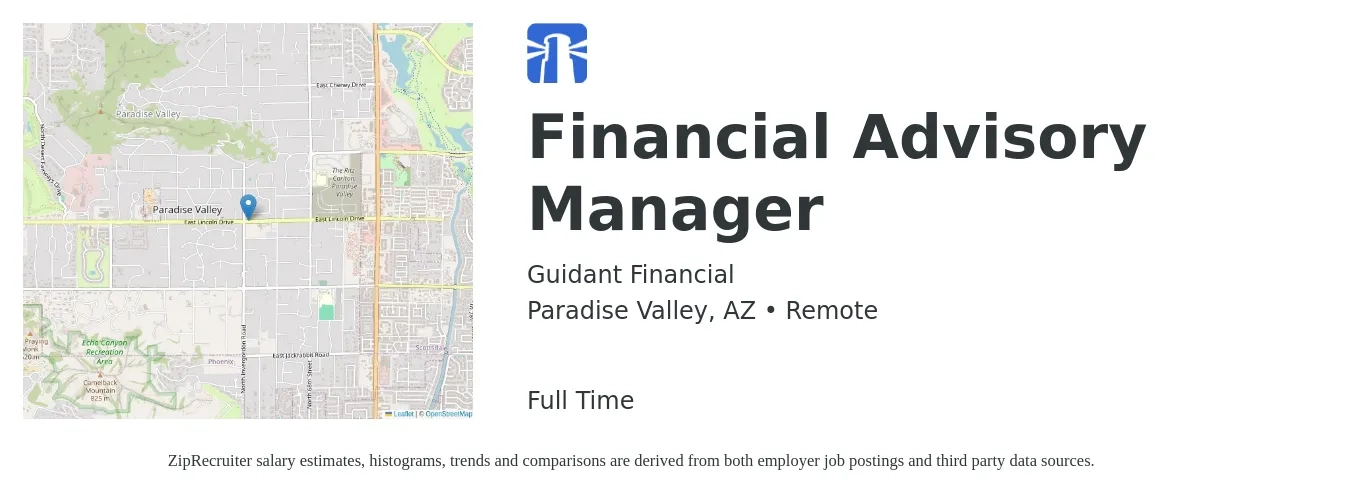 Guidant Financial job posting for a Financial Advisory Manager in Paradise Valley, AZ with a salary of $110,000 to $120,000 Yearly with a map of Paradise Valley location.