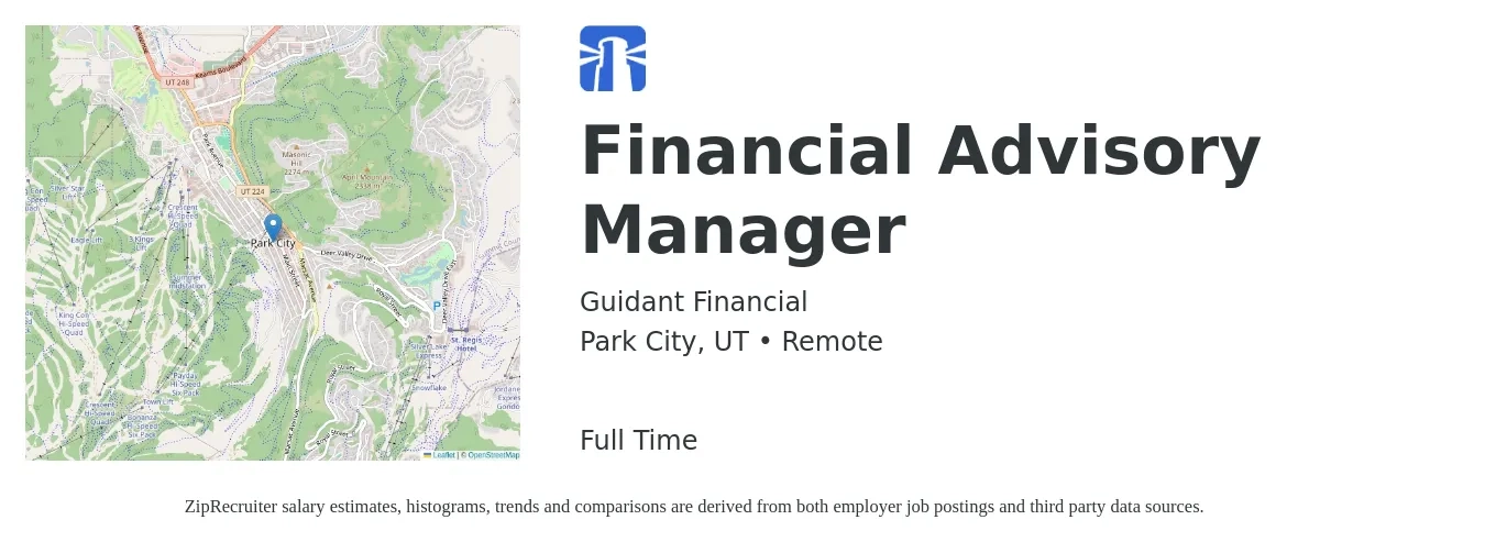 Guidant Financial job posting for a Financial Advisory Manager in Park City, UT with a salary of $110,000 to $120,000 Yearly with a map of Park City location.