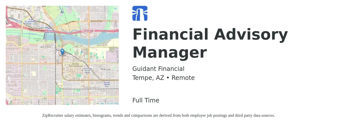 Guidant Financial job posting for a Financial Advisory Manager in Tempe, AZ with a salary of $110,000 to $120,000 Yearly with a map of Tempe location.