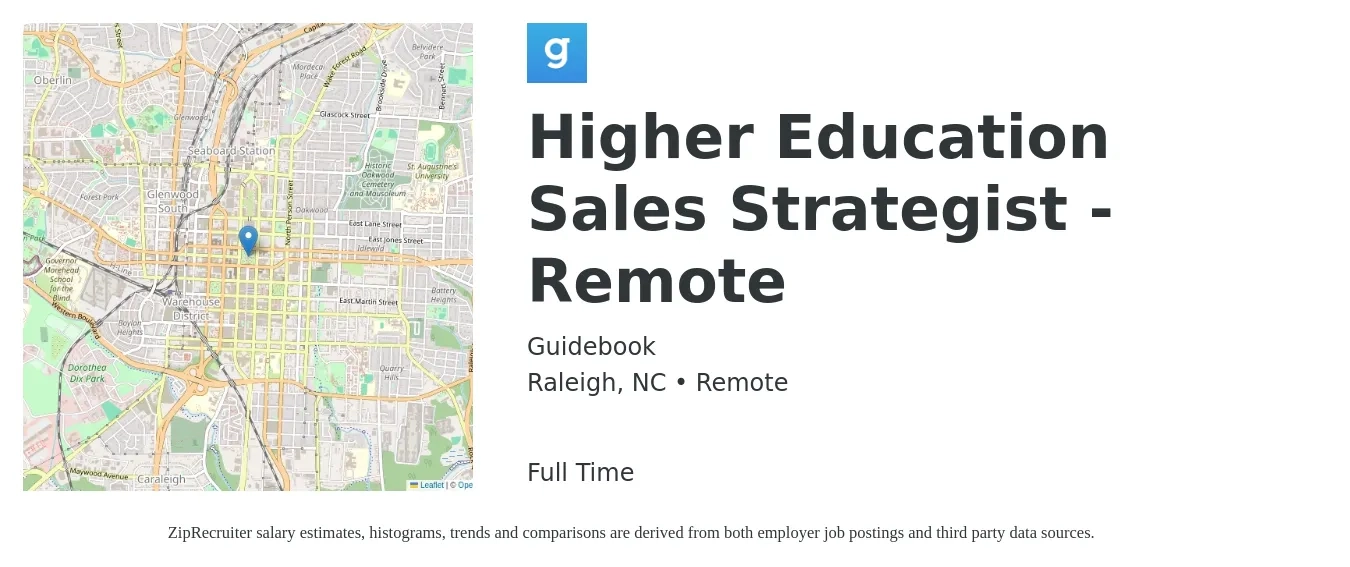 Guidebook job posting for a Higher Education Sales Strategist - Remote in Raleigh, NC with a salary of $62,700 to $75,800 Yearly with a map of Raleigh location.