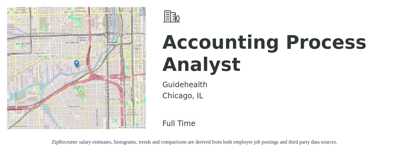 Guidehealth job posting for a Accounting Process Analyst in Chicago, IL with a salary of $50,000 to $60,000 Yearly with a map of Chicago location.