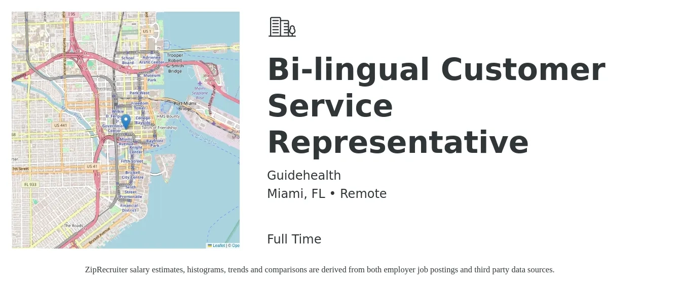 Guidehealth job posting for a Bi-lingual Customer Service Representative in Miami, FL with a salary of $19 to $20 Hourly with a map of Miami location.