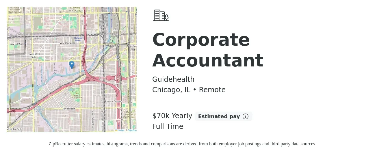 Guidehealth job posting for a Corporate Accountant in Chicago, IL with a salary of $70,000 Yearly with a map of Chicago location.