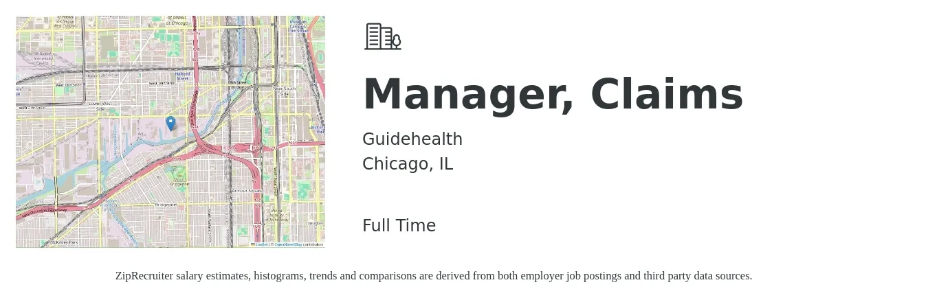 Guidehealth job posting for a Manager, Claims in Chicago, IL with a salary of $65,000 to $70,000 Yearly with a map of Chicago location.