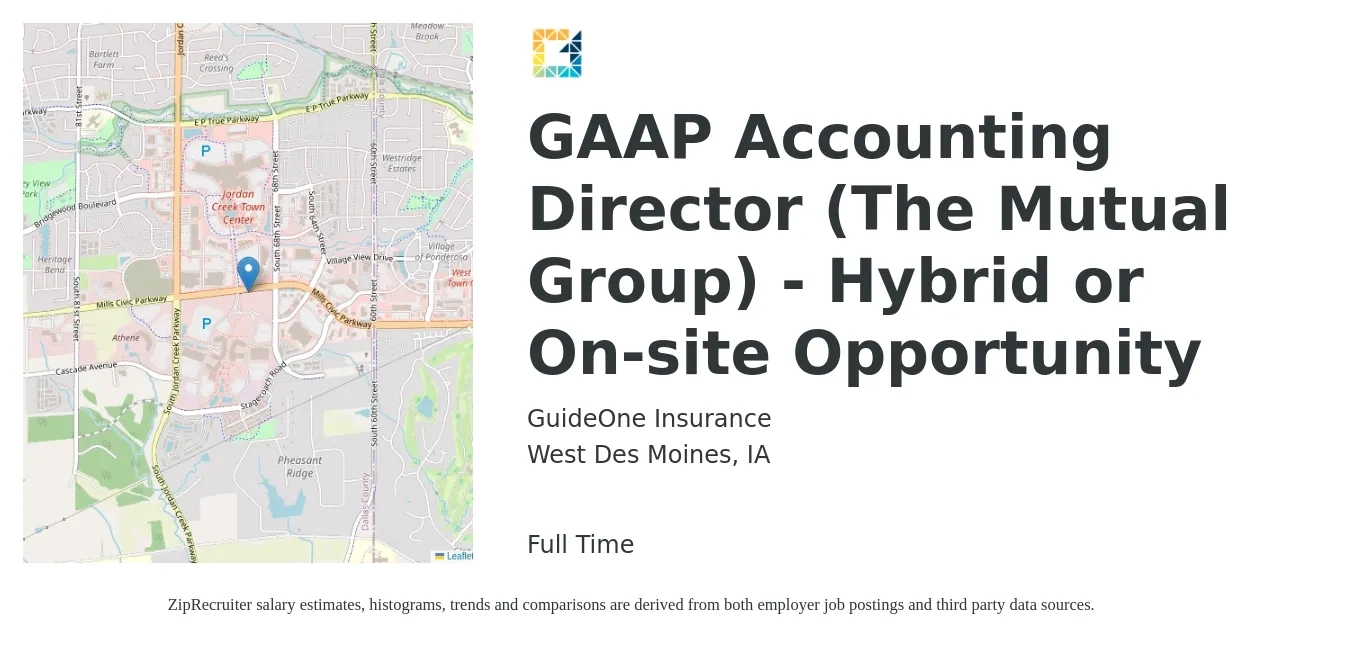 GuideOne Insurance job posting for a GAAP Accounting Director (The Mutual Group) - Hybrid or On-site Opportunity in West Des Moines, IA with a salary of $96,400 to $146,900 Yearly with a map of West Des Moines location.
