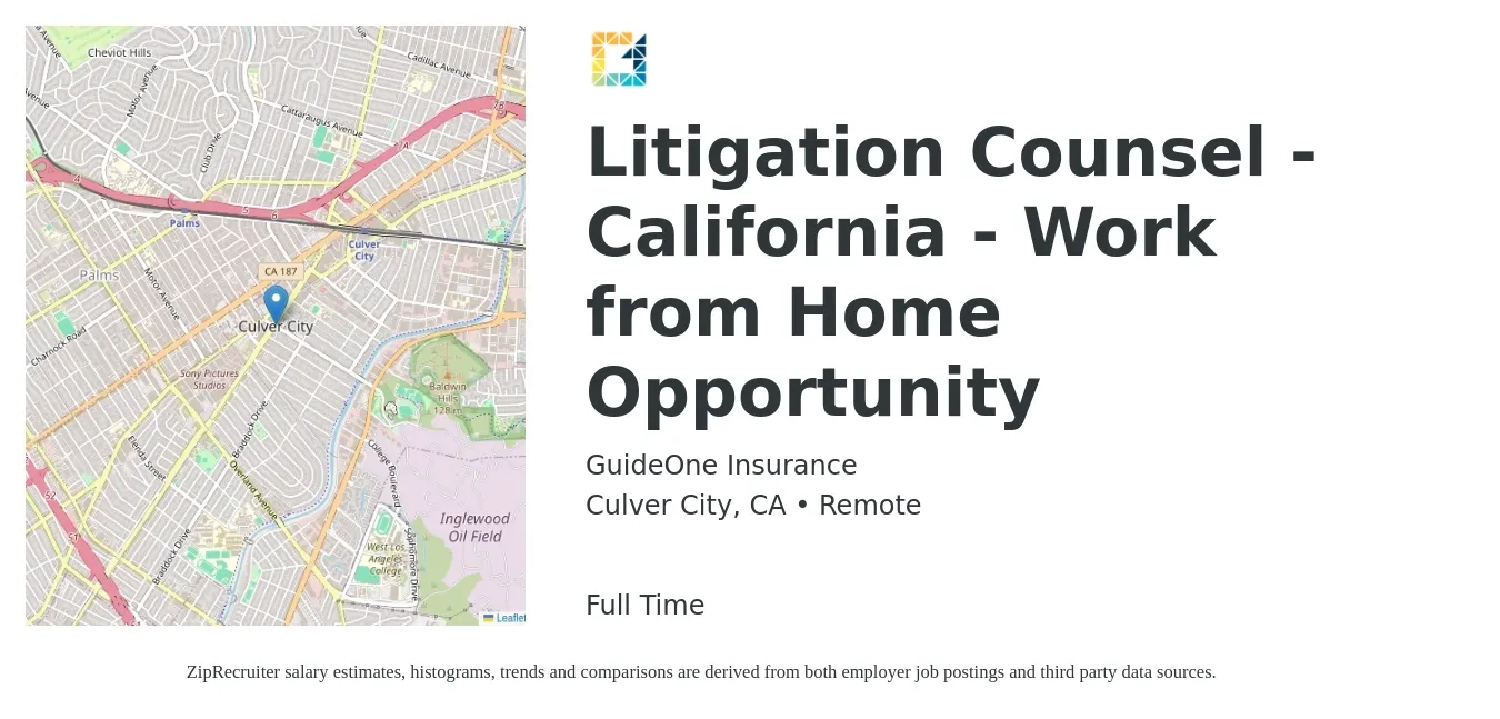 GuideOne Insurance job posting for a Litigation Counsel - California - Work from Home Opportunity in Culver City, CA with a salary of $130,000 to $155,000 Yearly with a map of Culver City location.