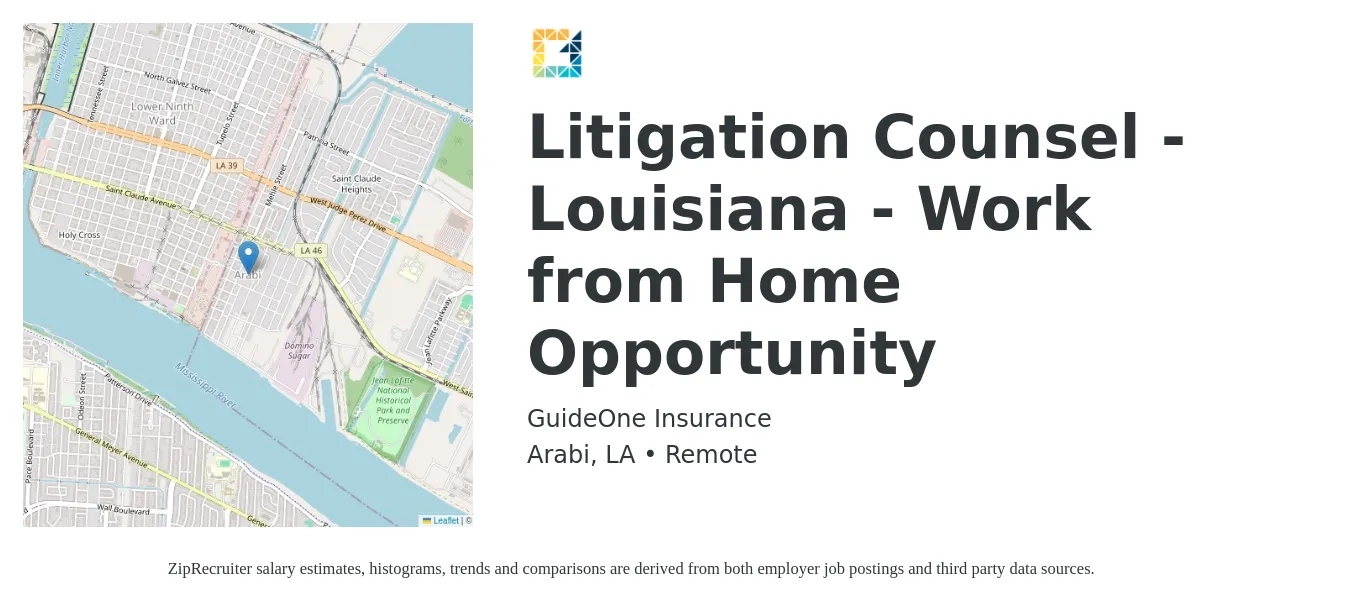 GuideOne Insurance job posting for a Litigation Counsel - Louisiana - Work from Home Opportunity in Arabi, LA with a salary of $130,000 to $140,000 Yearly with a map of Arabi location.