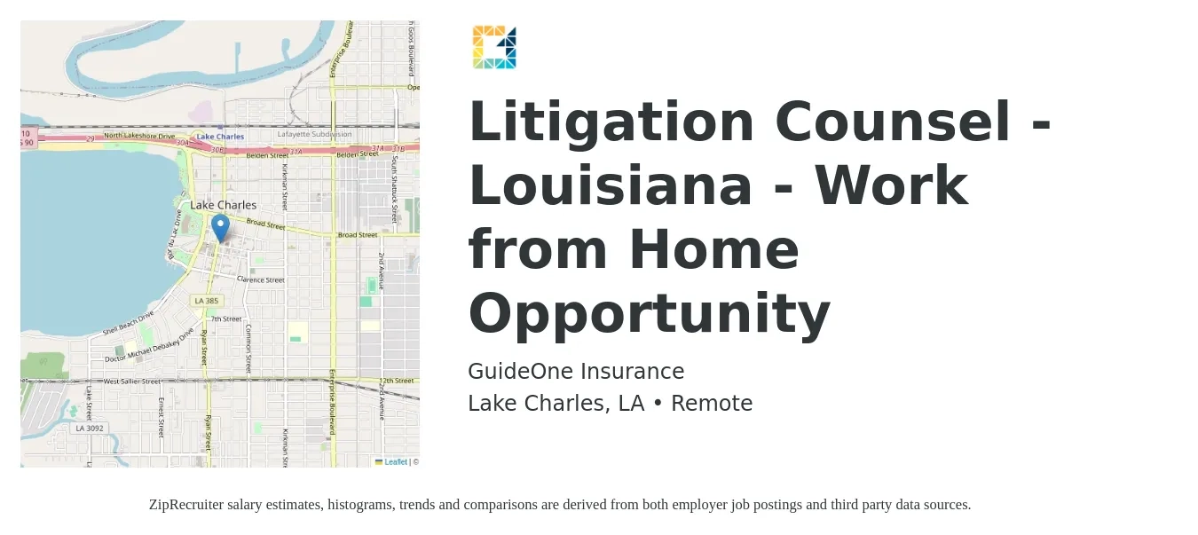 GuideOne Insurance job posting for a Litigation Counsel - Louisiana - Work from Home Opportunity in Lake Charles, LA with a salary of $130,000 to $140,000 Yearly with a map of Lake Charles location.