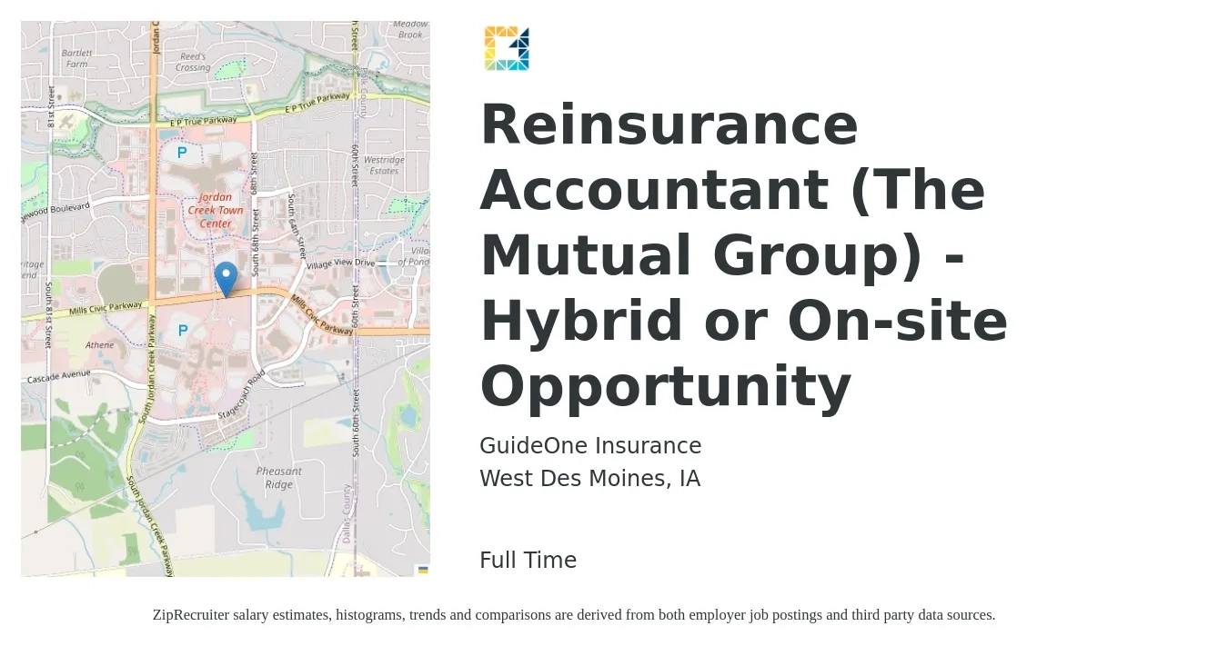 GuideOne Insurance job posting for a Reinsurance Accountant (The Mutual Group) - Hybrid or On-site Opportunity in West Des Moines, IA with a salary of $74,000 to $102,200 Yearly with a map of West Des Moines location.
