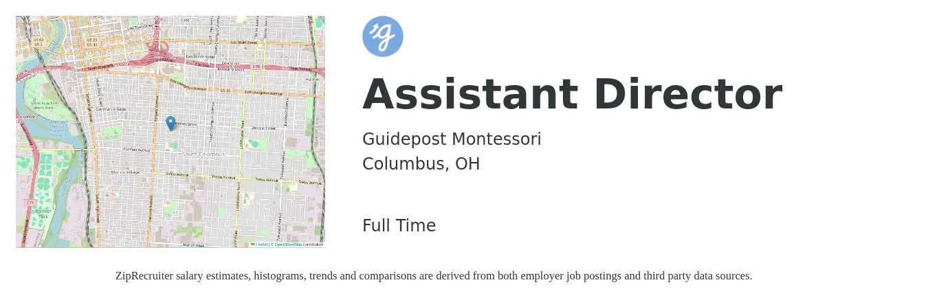 Guidepost Montessori job posting for a Assistant Director in Columbus, OH with a salary of $43,000 to $86,400 Yearly with a map of Columbus location.