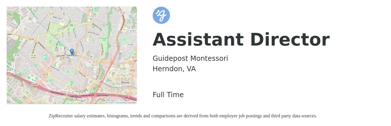 Guidepost Montessori job posting for a Assistant Director in Herndon, VA with a salary of $45,800 to $92,000 Yearly with a map of Herndon location.