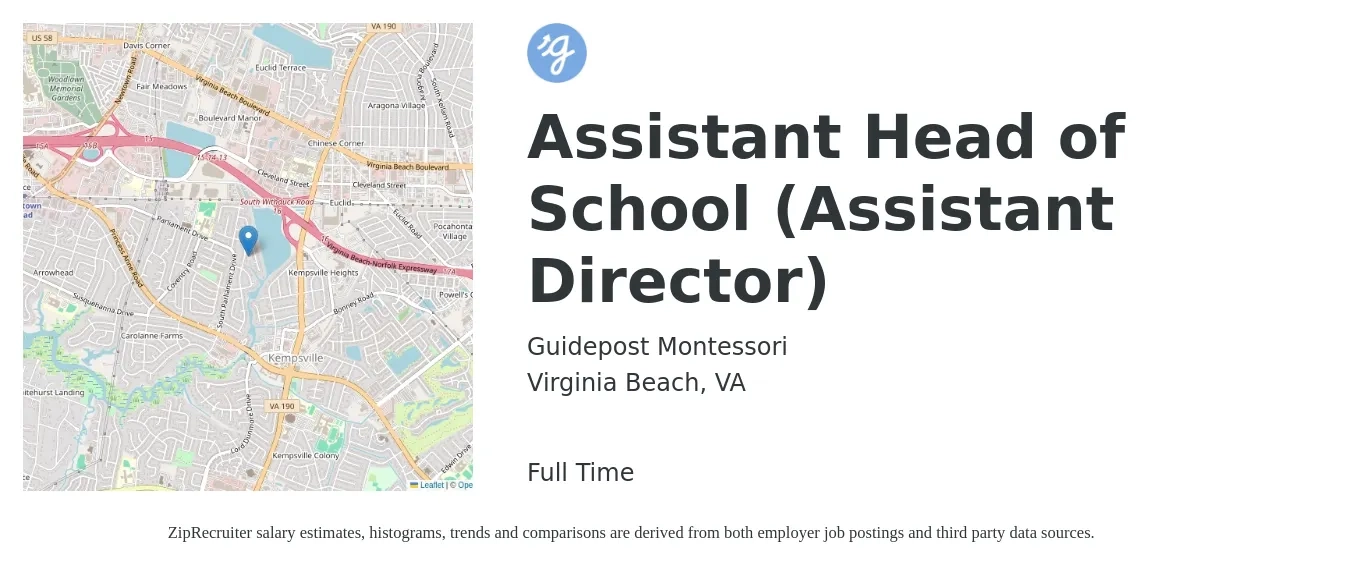 Guidepost Montessori job posting for a Assistant Head of School (Assistant Director) in Virginia Beach, VA with a salary of $42,200 to $84,900 Yearly with a map of Virginia Beach location.