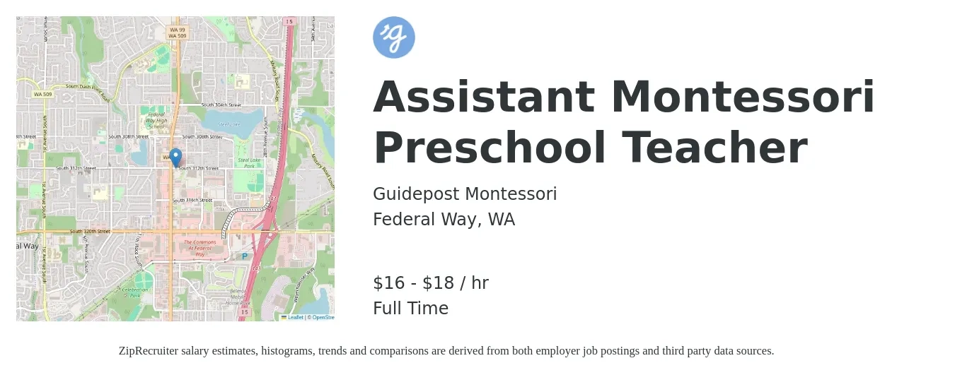 Guidepost Montessori job posting for a Assistant Montessori Preschool Teacher in Federal Way, WA with a salary of $17 to $19 Hourly with a map of Federal Way location.