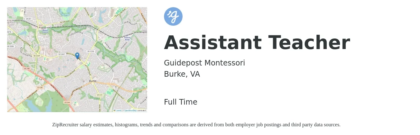 Guidepost Montessori job posting for a Assistant Teacher in Burke, VA with a salary of $14 to $18 Hourly with a map of Burke location.