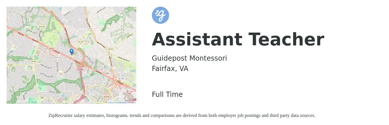 Guidepost Montessori job posting for a Assistant Teacher in Fairfax, VA with a salary of $14 to $18 Hourly with a map of Fairfax location.