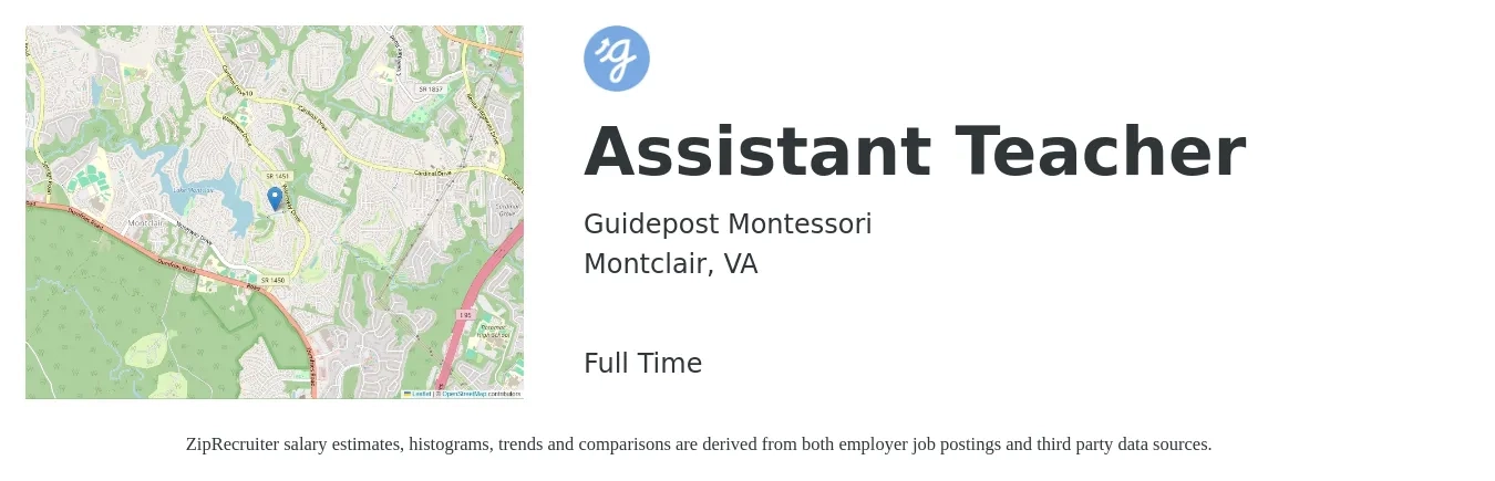 Guidepost Montessori job posting for a Assistant Teacher in Montclair, VA with a salary of $14 to $18 Hourly with a map of Montclair location.