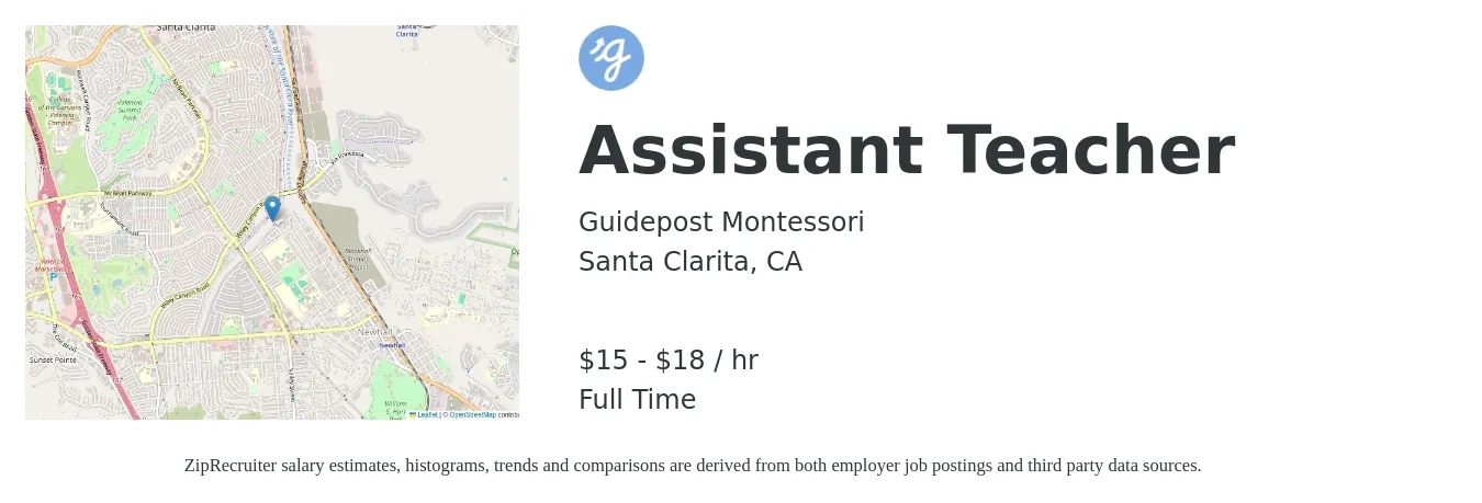 Guidepost Montessori job posting for a Assistant Teacher in Santa Clarita, CA with a salary of $16 to $19 Hourly with a map of Santa Clarita location.