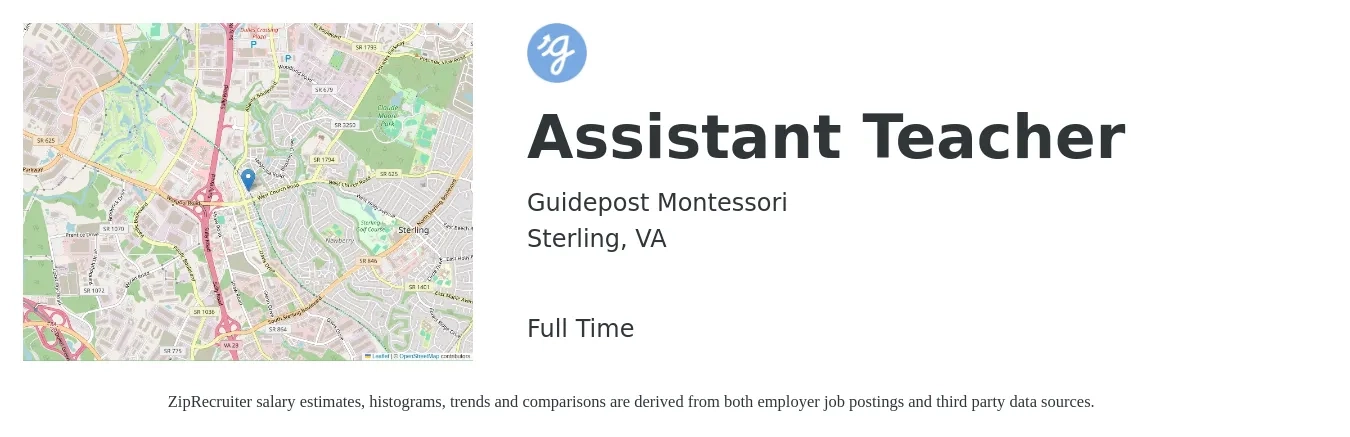 Guidepost Montessori job posting for a Assistant Teacher in Sterling, VA with a salary of $14 to $18 Hourly with a map of Sterling location.