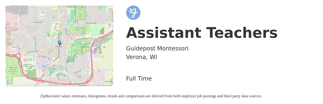 Guidepost Montessori job posting for a Assistant Teachers in Verona, WI with a salary of $14 to $18 Hourly with a map of Verona location.