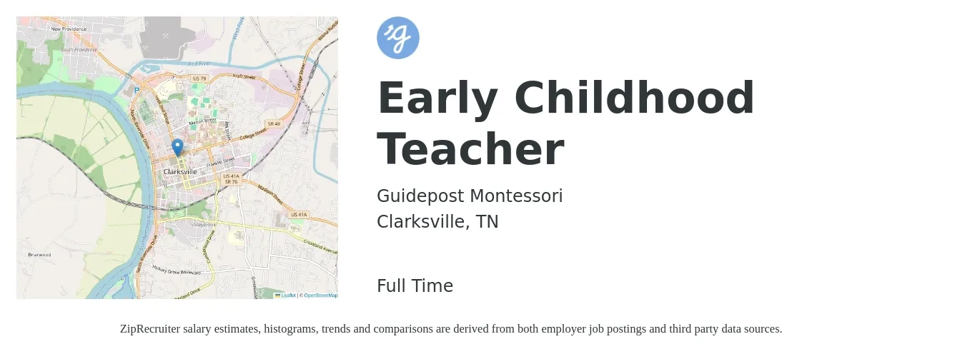 Guidepost Montessori job posting for a Early Childhood Teacher in Clarksville, TN with a salary of $13 to $17 Hourly with a map of Clarksville location.