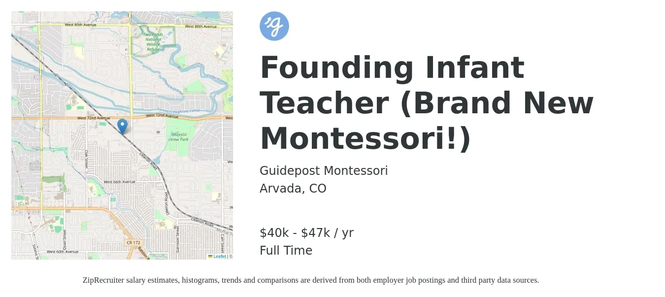 Guidepost Montessori job posting for a Founding Infant Teacher (Brand New Montessori!) in Arvada, CO with a salary of $40,000 to $47,000 Yearly with a map of Arvada location.
